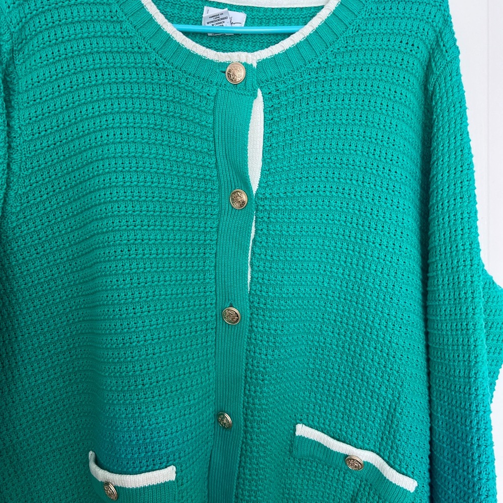 Nicole Miller Green Waffle-Knit Cardigan Sweater 3X Plus Cotton Contrast Trim